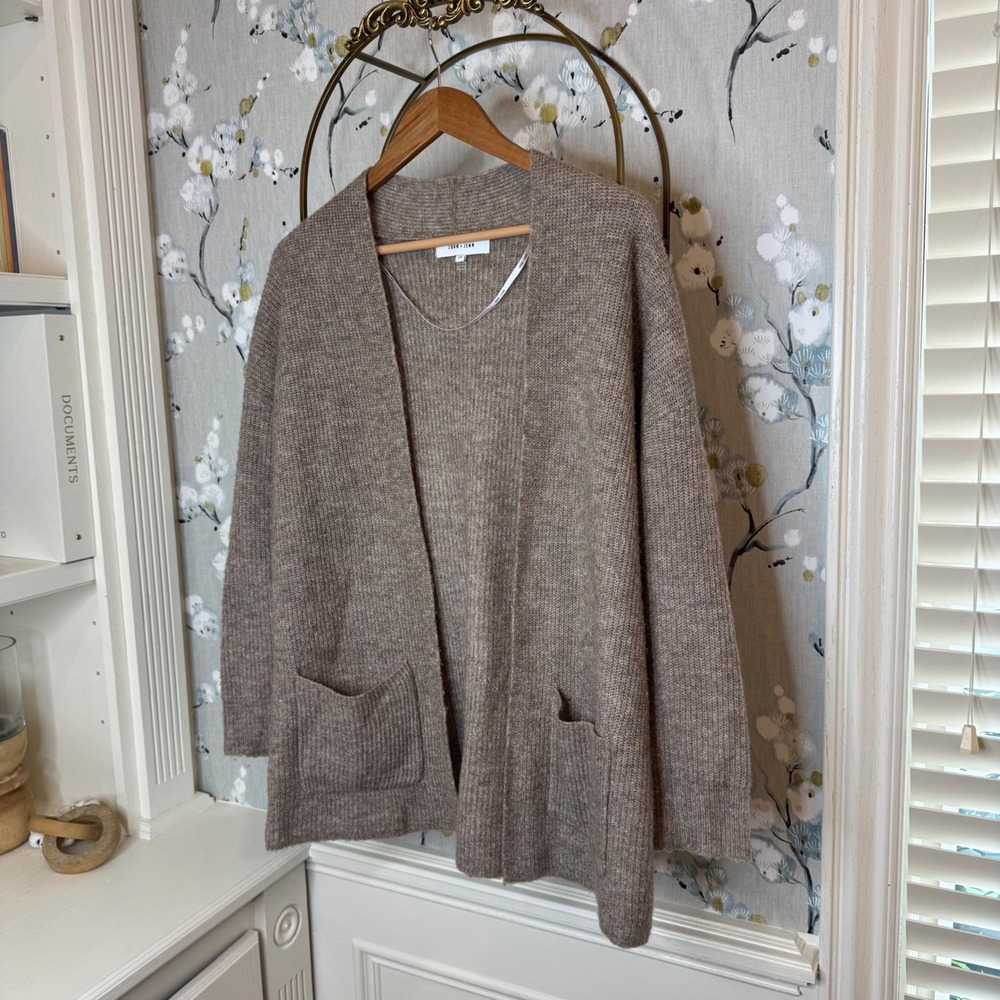 John + Jenn Womens Open Front Cardigan Taupe Brown Marl Knit Pocket Sweater S - Picture 2 of 6